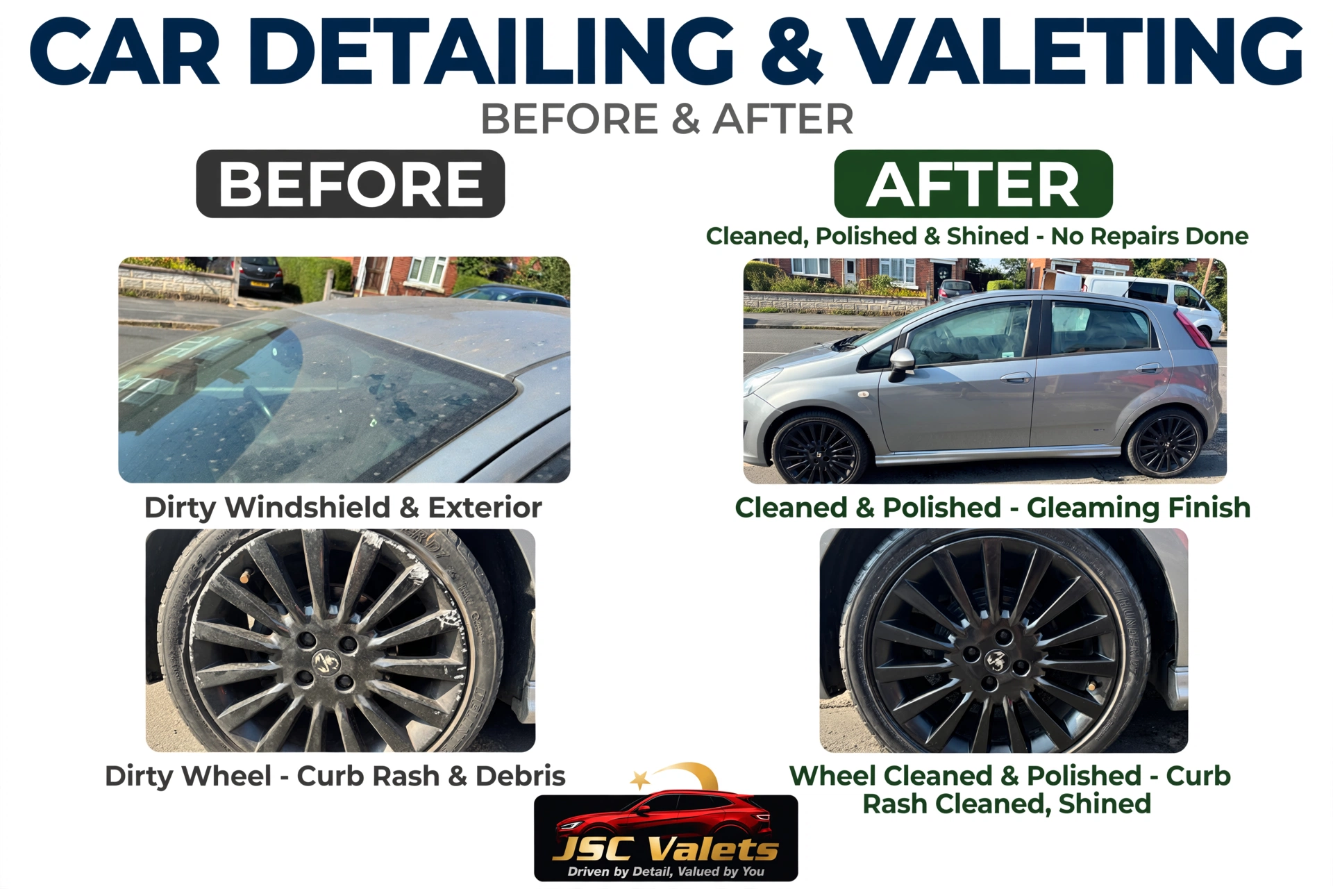 Before and after car detailing showing dirty windshield, exterior and wheels transformed to a clean polished finish